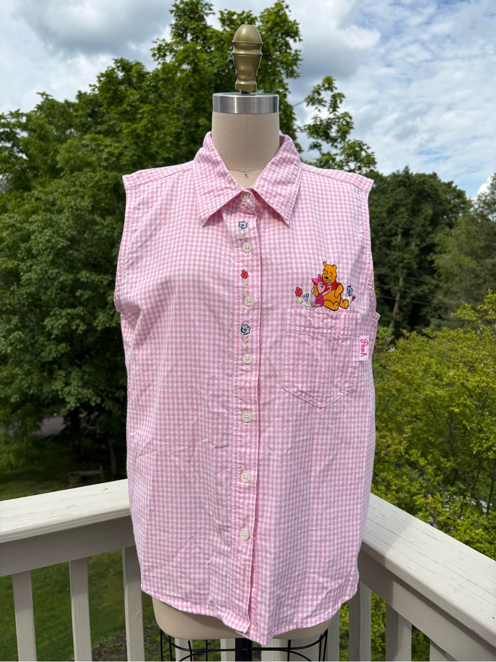 Vintage Winnie the Pooh Piglet Pink Gingham Top Large 90s Y2K Cottagecore Disney - Picture 3 of 12